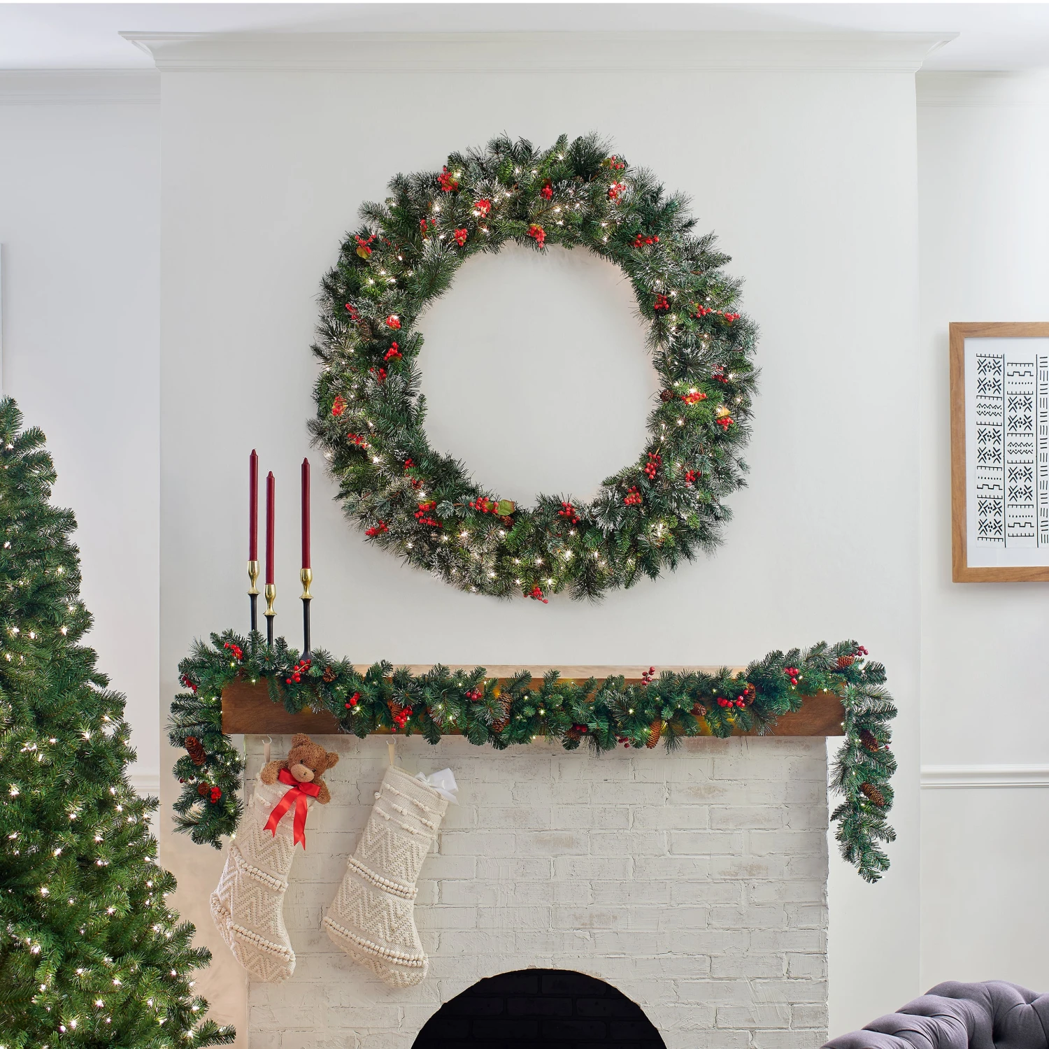 48 In. Pre-Lit Wintry Pine Wreath With Clear Lights 2 48 In. Pre-Lit Wintry Pine Wreath With Clear Lights - Image 2