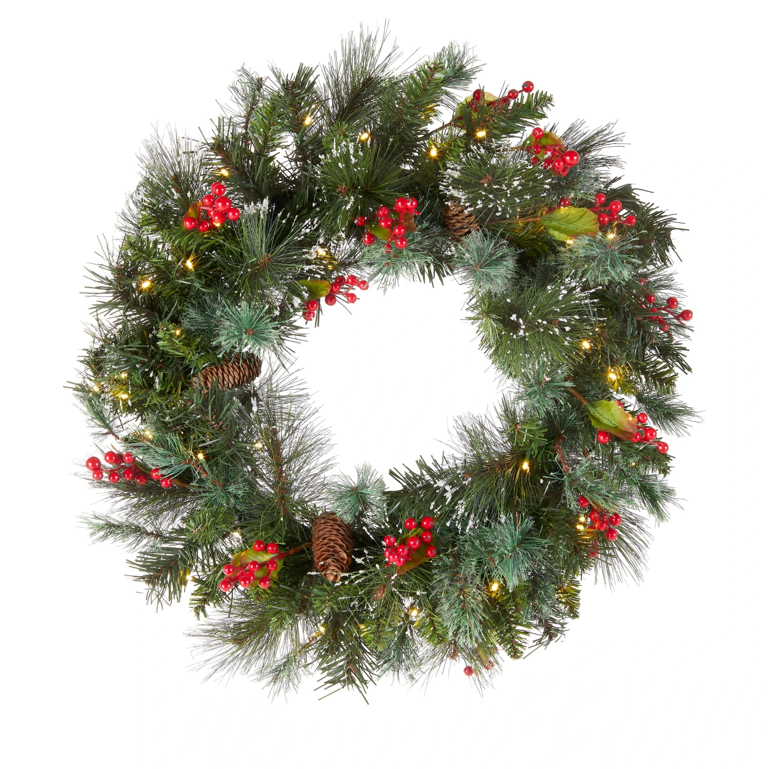 24 In. Pre-Lit Wintry Pine Wreath With LED Lights 1 24 In. Pre-Lit Wintry Pine Wreath With LED Lights