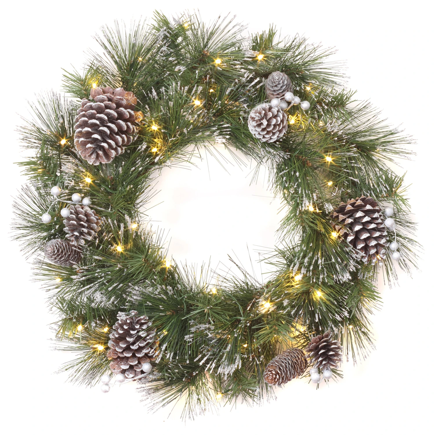 24 In. Pre-Lit Whitter Pine Wreath With LED Lights 1 24 In. Pre-Lit Whitter Pine Wreath With LED Lights
