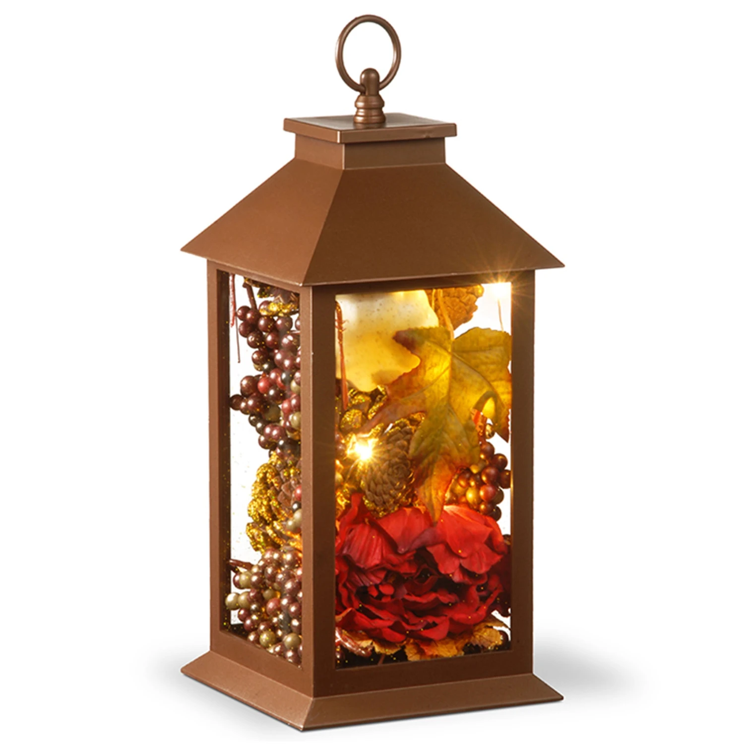 12 In. Fall Lantern With LED Lights, Filled With Pumpkins, Leaves, Flowers, Berry Clusters 1 12 In. Fall Lantern With LED Lights, Filled With Pumpkins, Leaves, Flowers, Berry Clusters