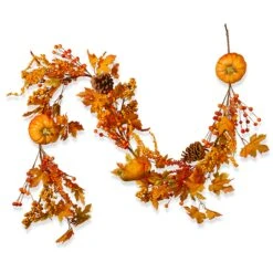 6 Ft. Fall Garland With Pumpkins, Pinecones, Berry Clusters, Maple Leaves