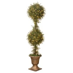 60 In. Pre-Lit Mini Tea Leaf 2 Ball Topiary In A Gold Urn With Clear Lights