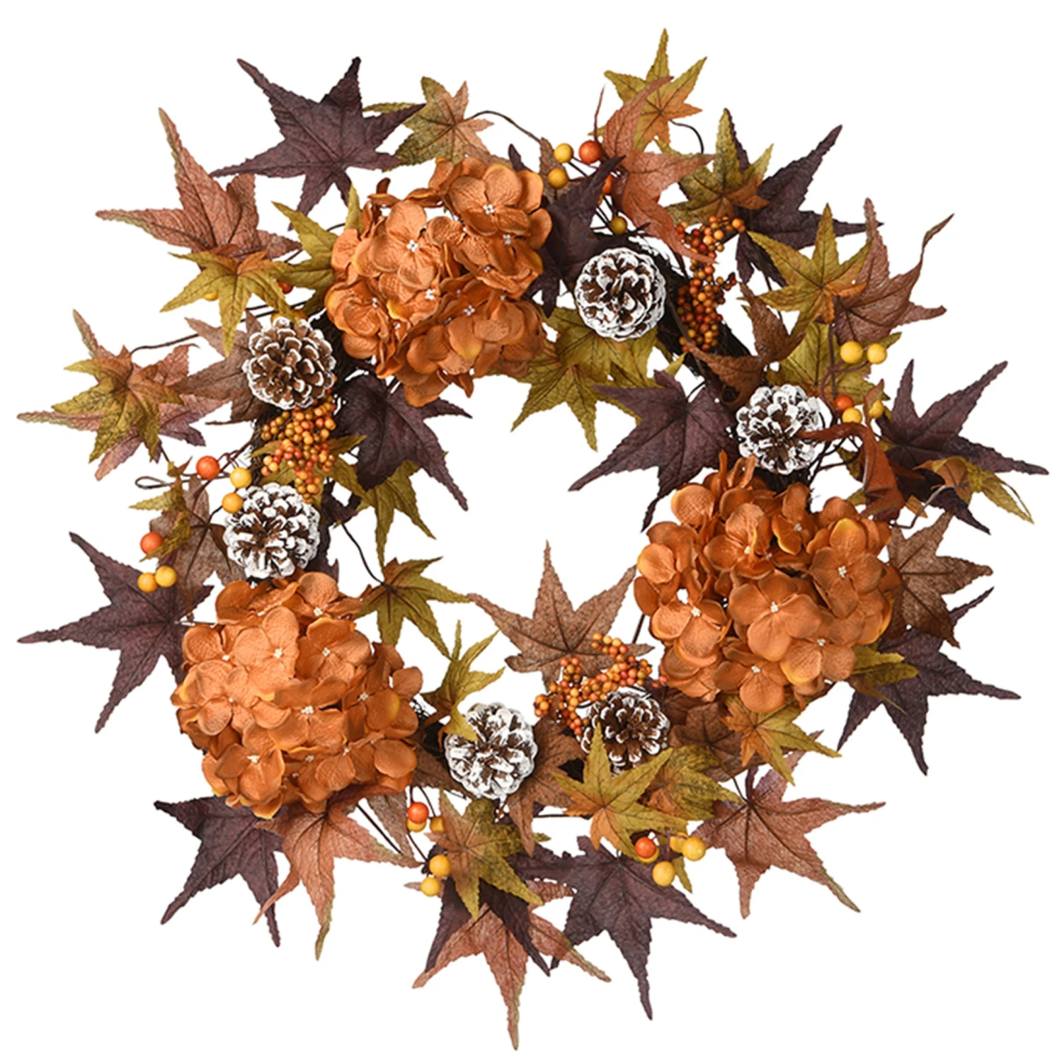 24 In. Fall Wreath With Hydrangeas, Maple Leaves, Pinecones, Berry Clusters 1 24 In. Fall Wreath With Hydrangeas, Maple Leaves, Pinecones, Berry Clusters