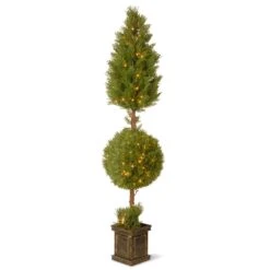 72 In. Pre-Lit Juniper Cone And Ball Topiary Tree In A Black Square Pot With Clear Lights