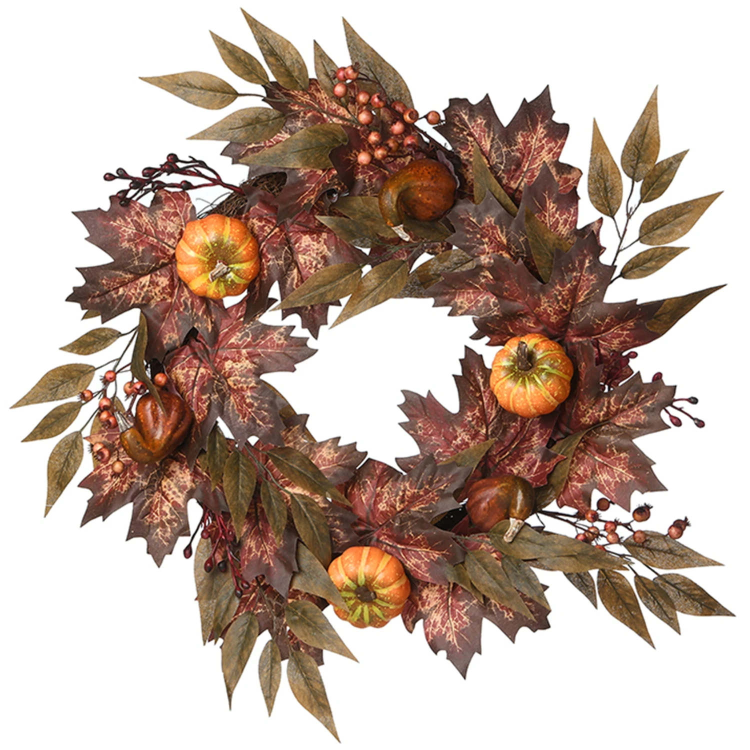24 In. Fall Wreath With Pumpkins, Berry Clusters, Ivy, Maple Leaves 1 24 In. Fall Wreath With Pumpkins, Berry Clusters, Ivy, Maple Leaves