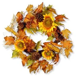 24 In. Fall Wreath With Sunflowers, Pinecones, Berry Clusters, Corncobs, Maple Leaves
