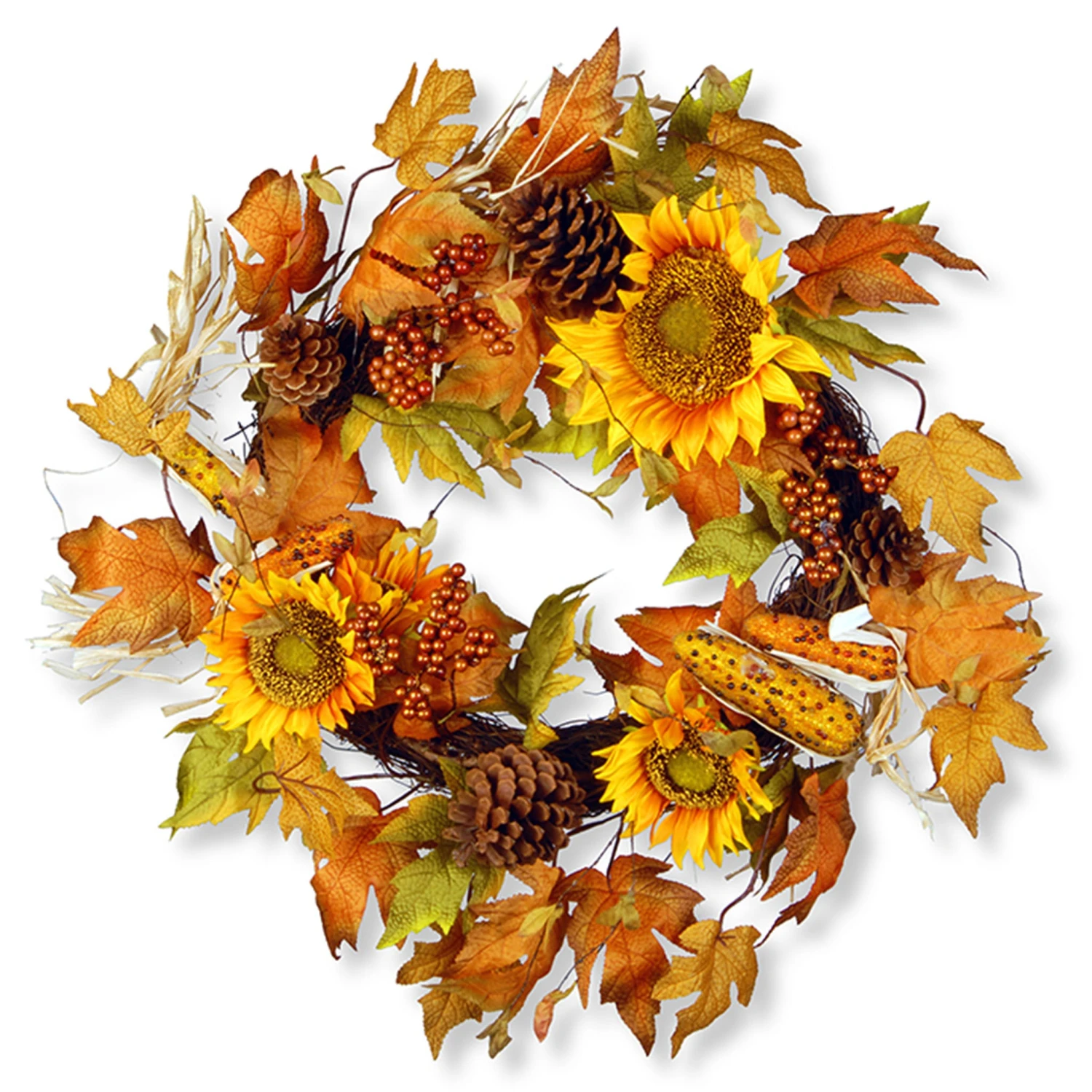 24 In. Fall Wreath With Sunflowers, Pinecones, Berry Clusters, Corncobs, Maple Leaves 1 24 In. Fall Wreath With Sunflowers, Pinecones, Berry Clusters, Corncobs, Maple Leaves