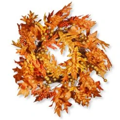 24 In. Fall Wreath With Maple Leaves, Berry Clusters