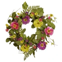 22 In. Spring Wreath With Dasiy Blooms, Leafy Greens
