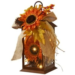 12 In. Fall Lantern With LED Lights, Filled With Sunflower Blooms, Leaves, Pinecones, Berry Clusters