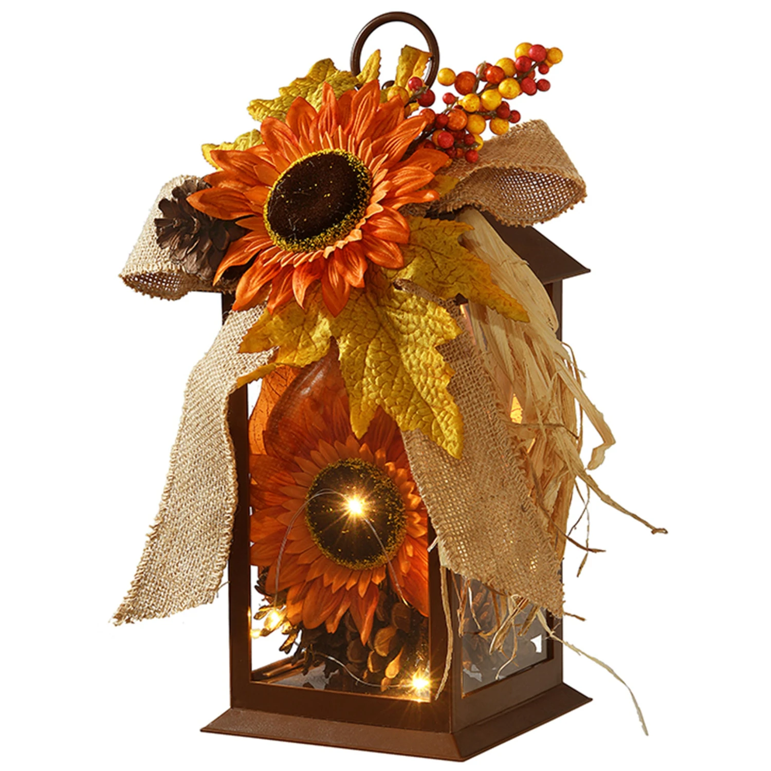 12 In. Fall Lantern With LED Lights, Filled With Sunflower Blooms, Leaves, Pinecones, Berry Clusters 1 12 In. Fall Lantern With LED Lights, Filled With Sunflower Blooms, Leaves, Pinecones, Berry Clusters