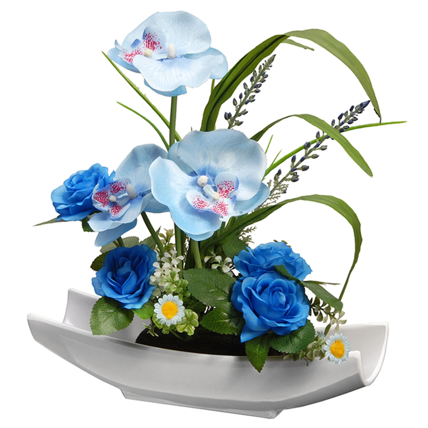15 In. Spring Potted White Orchid And Blue Roses Flower Pot With Leafy Greens 1 15 In. Spring Potted White Orchid And Blue Roses Flower Pot With Leafy Greens