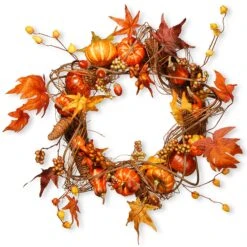 21 In. Fall Wreath With Pumpkins, Gourds, Pinecones, Berry Clusters, Maple Leaves