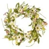 20 In. Spring Wreath With White And Purple Mixed Flower Blooms, Flowing Green Stems, Seed Pods