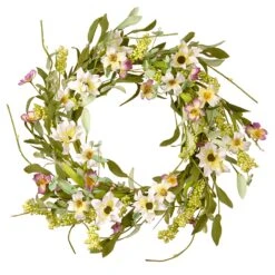 20 In. Spring Wreath With White And Purple Mixed Flower Blooms, Flowing Green Stems, Seed Pods