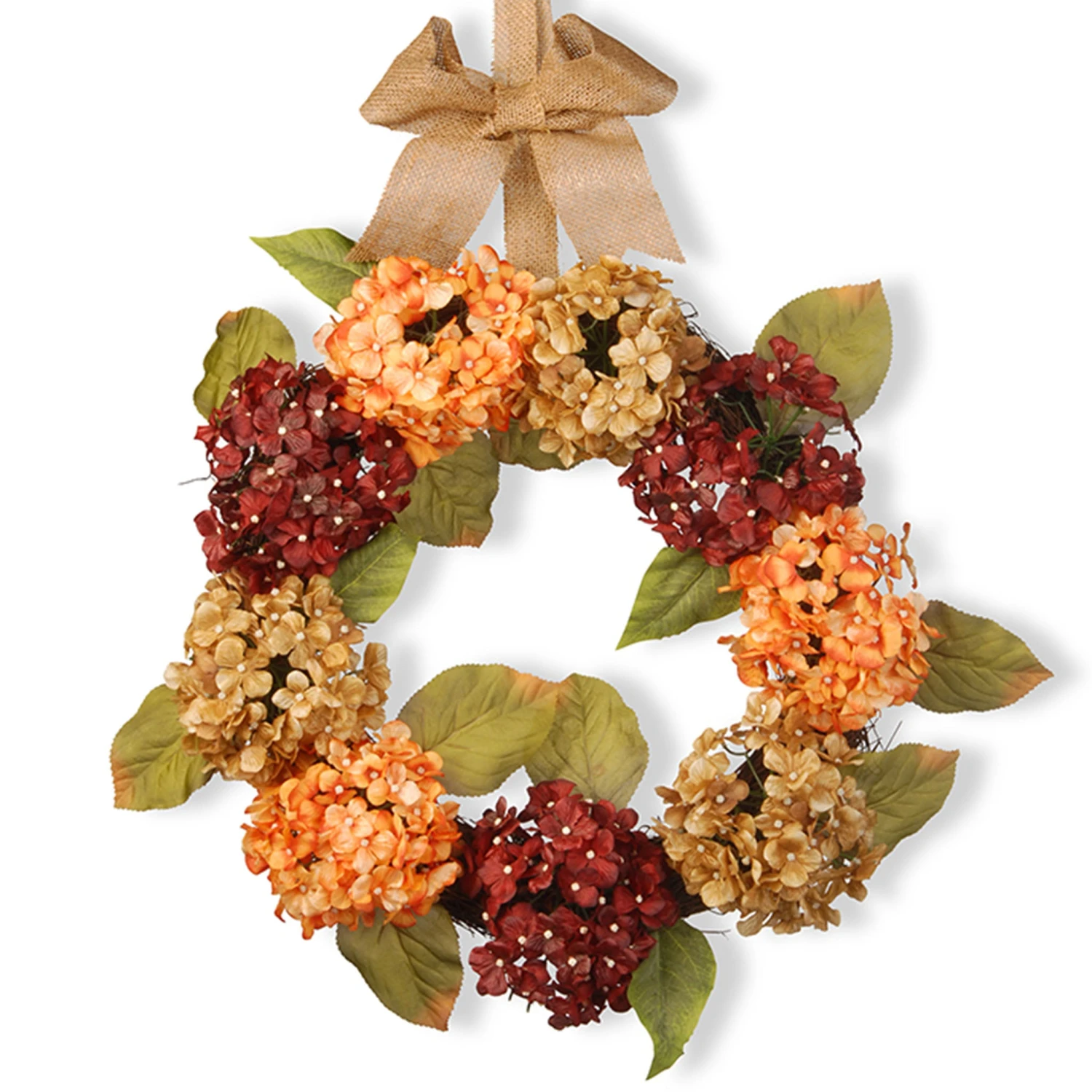 24 In. Fall Wreath With Hydrangeas, Elm Leaves, Burlap Ribbon 1 24 In. Fall Wreath With Hydrangeas, Elm Leaves, Burlap Ribbon