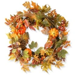 24 In. Fall Wreath With Pumpkins, Pinecones, Berry Clusters, Maple Leaves