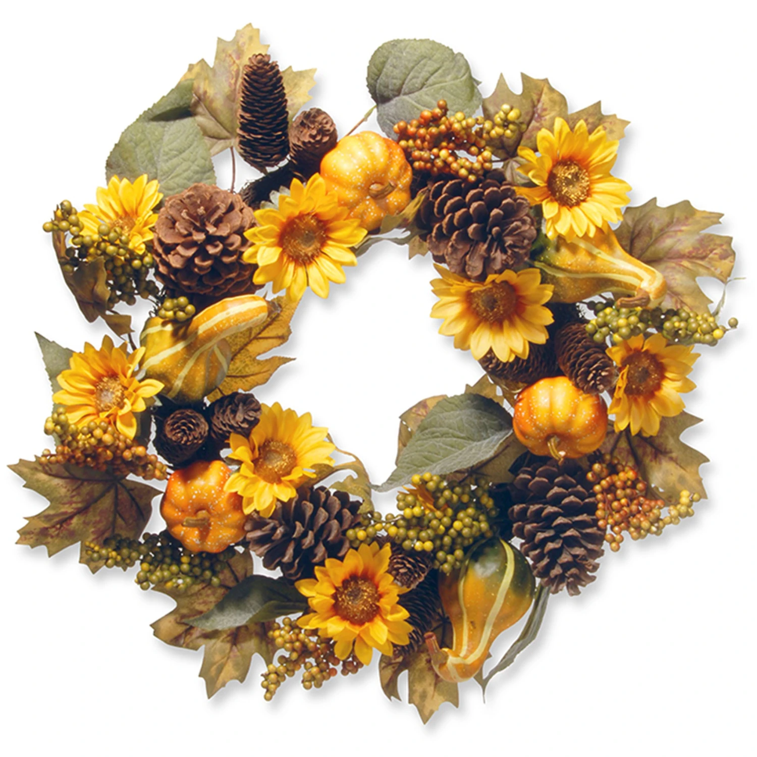22 In. Fall Wreath With Pumpkins, Gourds, Pinecones, Sunflowers, Berry Clusters, Assorted Leaves 1 22 In. Fall Wreath With Pumpkins, Gourds, Pinecones, Sunflowers, Berry Clusters, Assorted Leaves