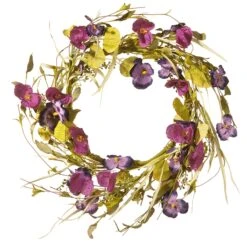 22 In. Spring Wreath With Purple Pansy And Poppy Flowers, Seed Pods, Leafy Greens