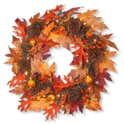 24 In. Pre-Lit Fall Wreath With Gourds, Pinecones, Maple Leaves, Berry Clusters And Lights