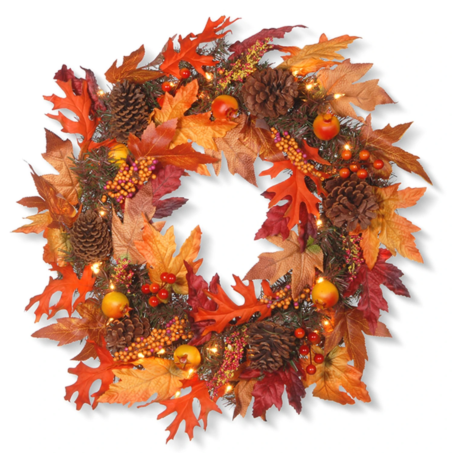 24 In. Pre-Lit Fall Wreath With Gourds, Pinecones, Maple Leaves, Berry Clusters And Lights 1 24 In. Pre-Lit Fall Wreath With Gourds, Pinecones, Maple Leaves, Berry Clusters And Lights