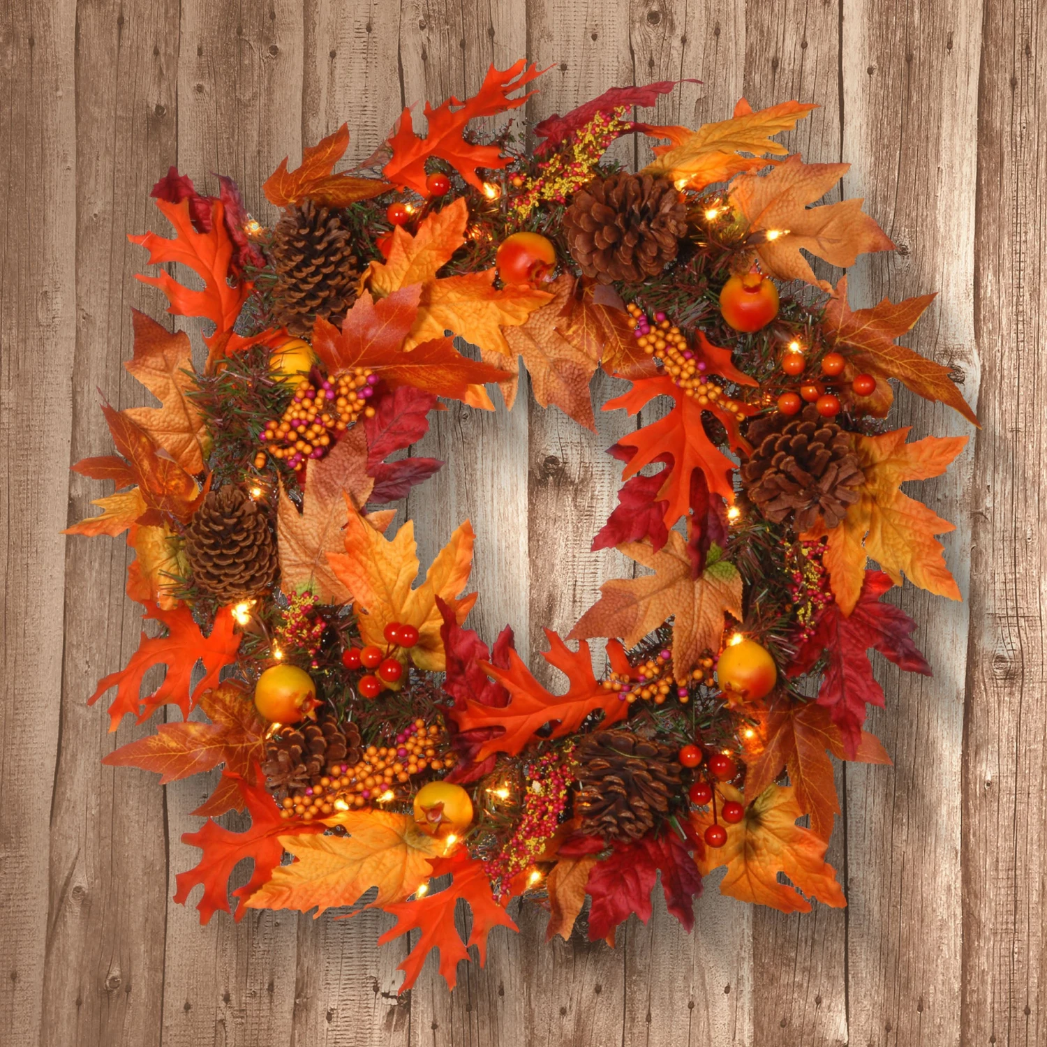 24 In. Pre-Lit Fall Wreath With Gourds, Pinecones, Maple Leaves, Berry Clusters And Lights 2 24 In. Pre-Lit Fall Wreath With Gourds, Pinecones, Maple Leaves, Berry Clusters And Lights - Image 2