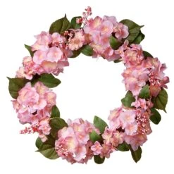 24 In. Spring Wreath With Pink Hydrangea Blooms, Berry Clusters, Leafy Greens