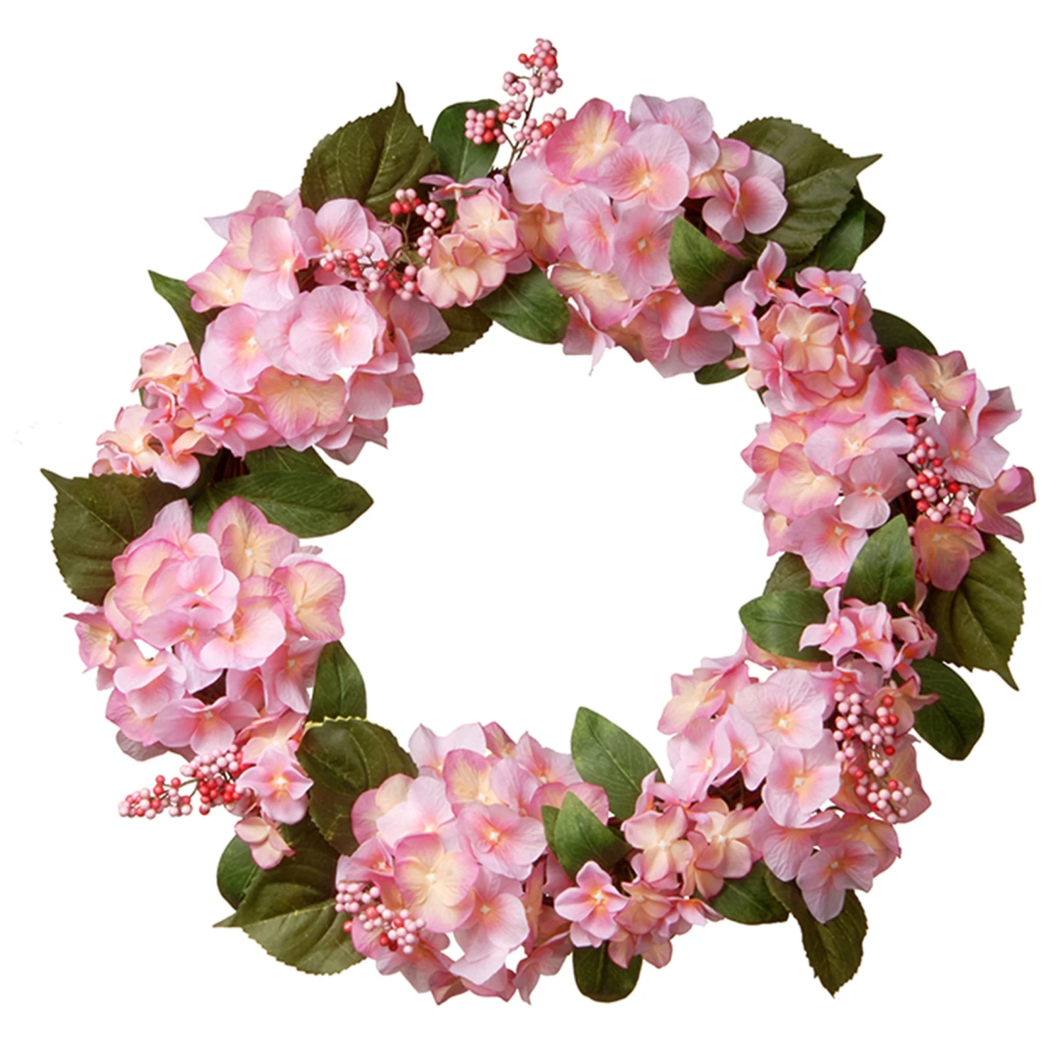 24 In. Spring Wreath With Pink Hydrangea Blooms, Berry Clusters, Leafy Greens 1 24 In. Spring Wreath With Pink Hydrangea Blooms, Berry Clusters, Leafy Greens