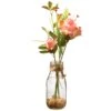 12 In. Spring Pink Roses Flower Bouquet In Glass Vase With Leafy Greens