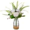 12 In. Spring White Roses Flower Bouquet In Glass Vase With Leafy Greens