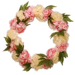 24 In. Spring Wreath With Pink And White Peony Blooms, Leafy Greens