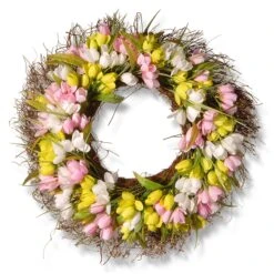 21 In. Spring Wreath With Pink, Yellow And White Tulips