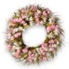 21 In. Spring Wreath With Pink And White Tulips, Flowing Green Stems