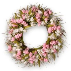 21 In. Spring Wreath With Pink And White Tulips, Flowing Green Stems