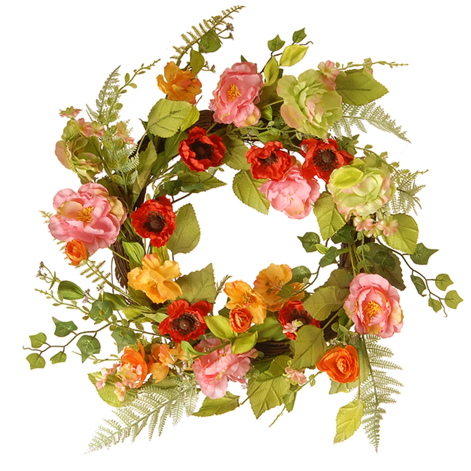 22 In. Spring Wreath With Assorted Flowers, Fern Fronds, And Leafy Greens 1 22 In. Spring Wreath With Assorted Flowers, Fern Fronds, And Leafy Greens
