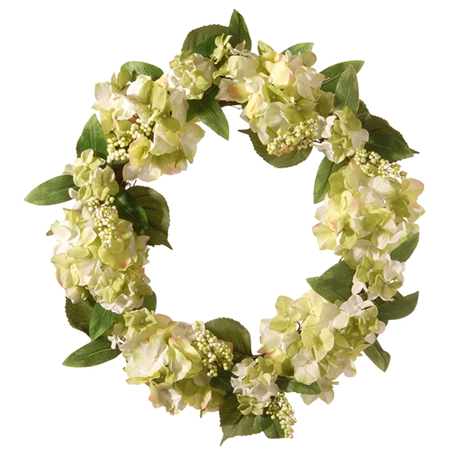 24 In. Spring Wreath With Hydrangea Blooms, Berry Clusters, Leafy Greens 1 24 In. Spring Wreath With Hydrangea Blooms, Berry Clusters, Leafy Greens