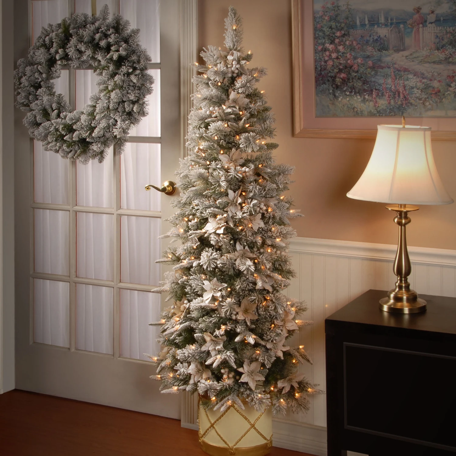 6 Ft. Pre-Lit Frosted Colonial Slim Half Tree With Clear Lights 2 6 Ft. Pre-Lit Frosted Colonial Slim Half Tree With Clear Lights - Image 2
