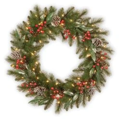 30 In. Pre-Lit Frosted Pine Berry Wreath With LED Lights