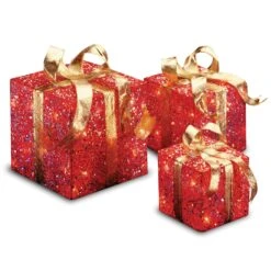 Pre-Lit Red Gift Box With Gold Bow, Set Of Three, White Lights